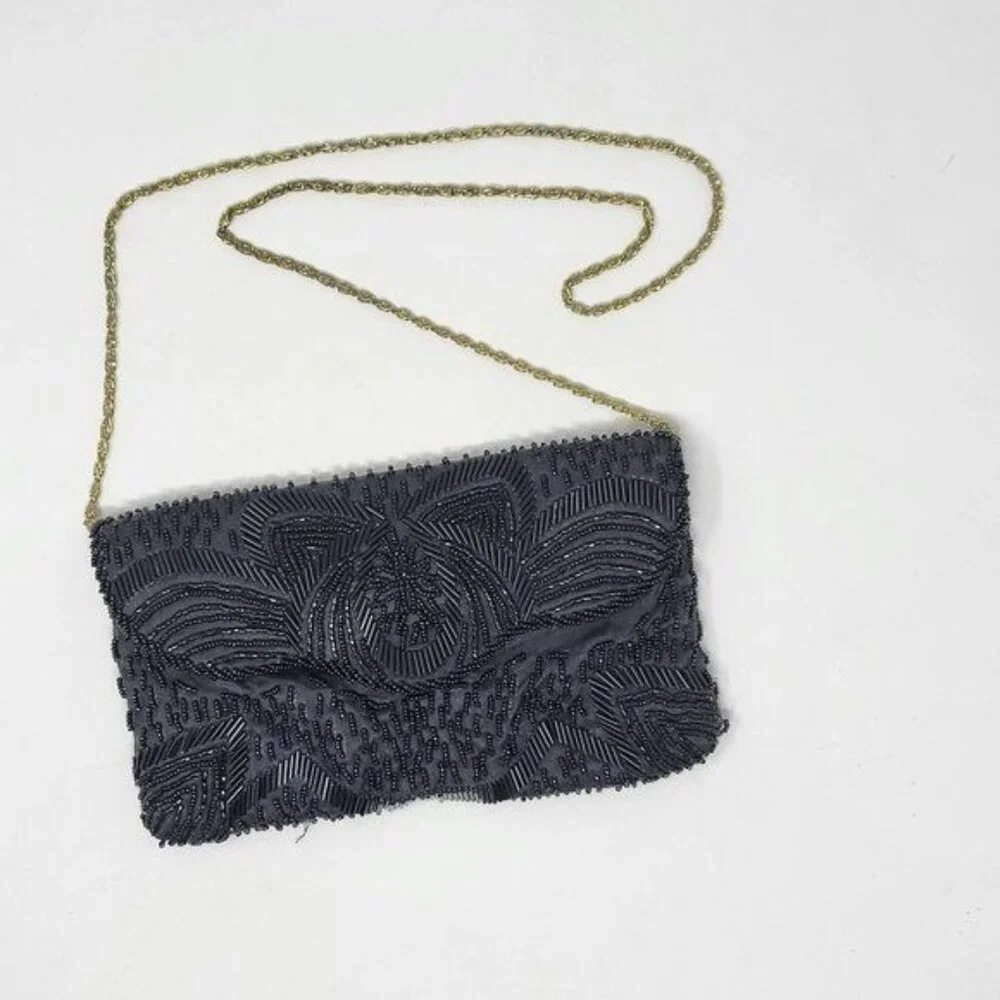 Vintage Black Beaded Evening Clutch With‎ Gold Chain Strap